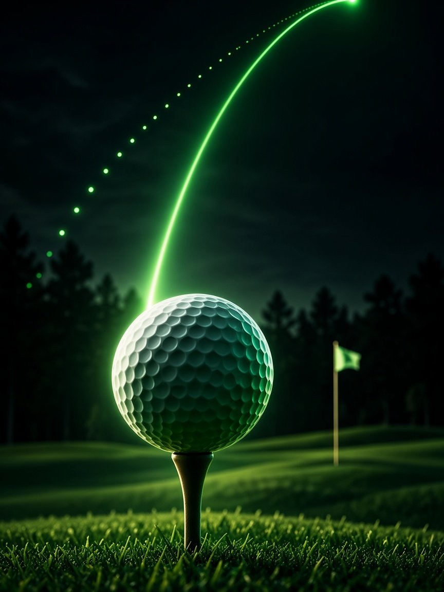Golf ball on a tee at night with a glowing green shot tracer arcing toward the flag